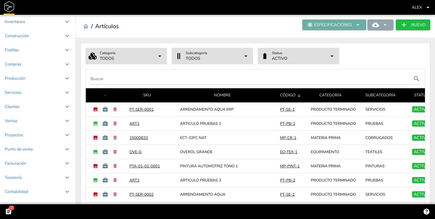 WASP ERP — Artículos e inventario